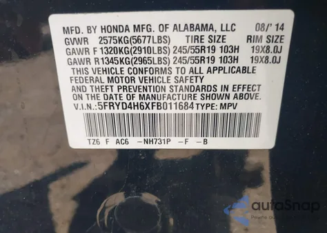 2015 Acura Mdx Technology Pkg W/Entertainment Pkg из США, поврежденный, VIN 5FRYD4H6XFB011684